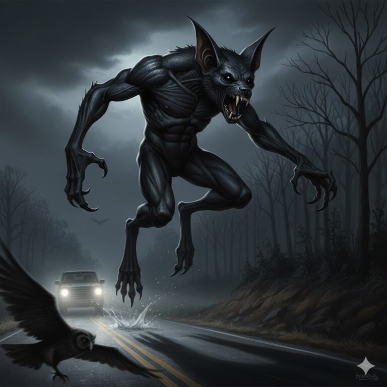 Artist's recreation of the November 2011 Troy, Pennsylvania gargoyle sighting, showing a 9-foot-tall muscular entity with dark wrinkled skin and large talons leaping through a dark wooded area.
