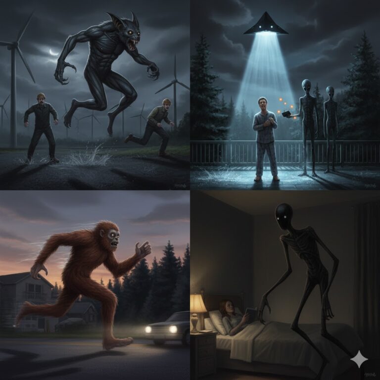 A four-pane collage of December 2011 UFO sightings: 10-foot tall gray humanoids at a Spanish wind farm; a telepathic beam encounter in Florida; a red-furred creature in Kentucky; and a thin 'stick-figure' humanoid in an Oklahoma bedroom.