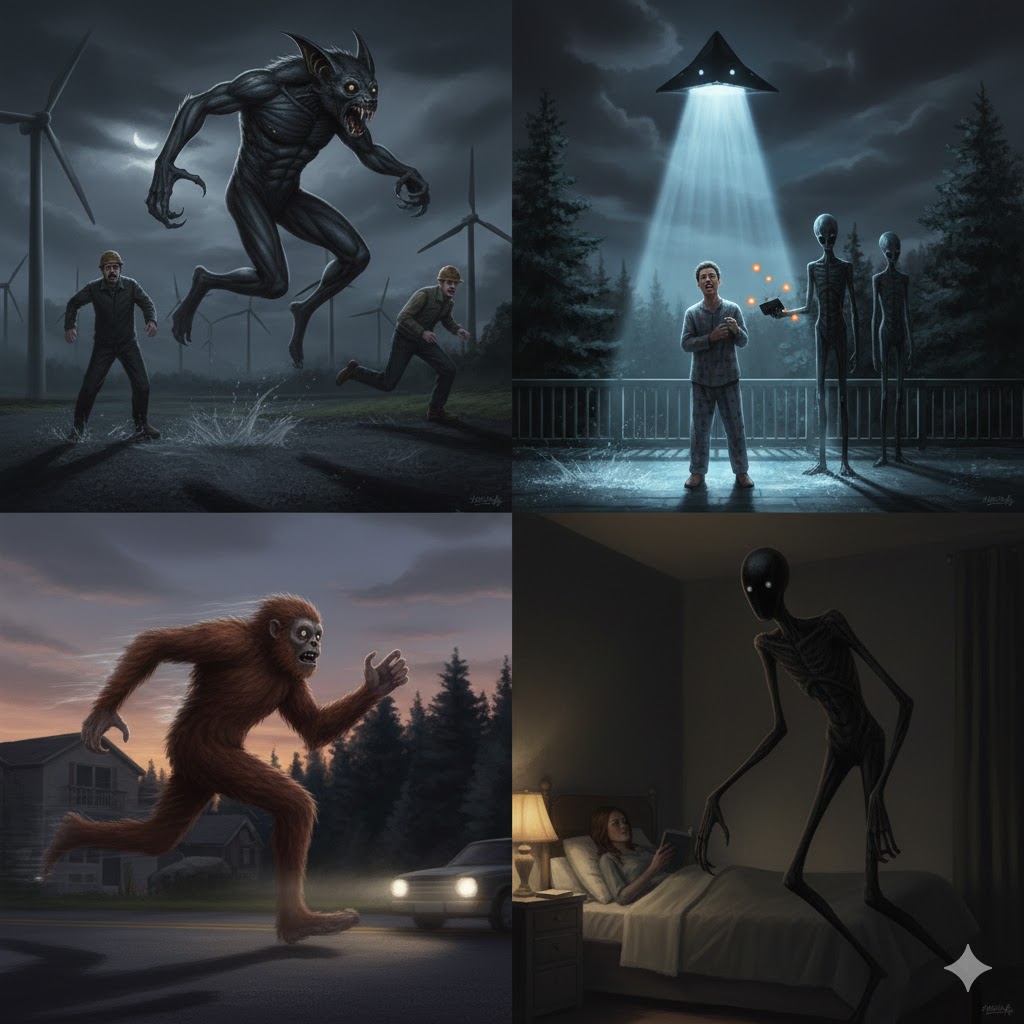 A four-pane collage of December 2011 UFO sightings: 10-foot tall gray humanoids at a Spanish wind farm; a telepathic beam encounter in Florida; a red-furred creature in Kentucky; and a thin 'stick-figure' humanoid in an Oklahoma bedroom.