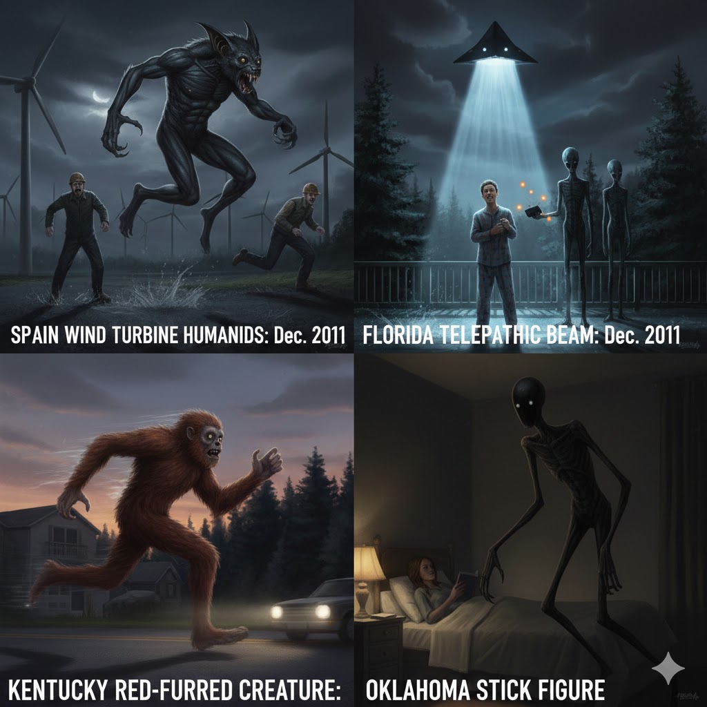 A four-pane collage of prominent late-2011 UFO sightings: 10-foot tall gray humanoids at a Spanish wind farm; a telepathic beam encounter in Florida; a red-furred creature in Kentucky; and a thin 'stick-figure' humanoid in an Oklahoma bedroom.