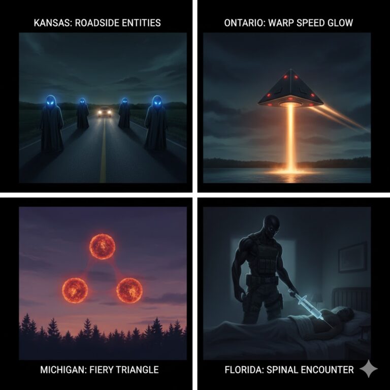 A four-pane collage of September 2011 UFO sightings: glowing-headed entities in Kansas; a warp-speed glow in Ontario; fiery orbs in Michigan; and a muscular humanoid in Florida.