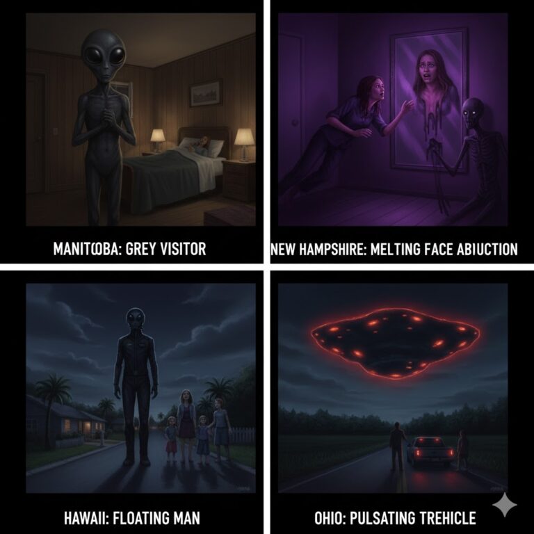 A four-pane collage of June 2011 UFO sightings: a 3-foot grey visitor in Manitoba; a melting face abduction in New Hampshire; a floating man in black in Hawaii; and a pulsating vehicle in Ohio.