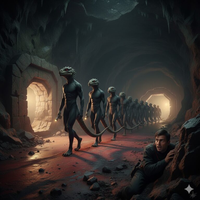 An illustration of a single file of muscular lizard-men humanoids wearing dark uniforms walking through an Austrian cave chamber in May 2011.