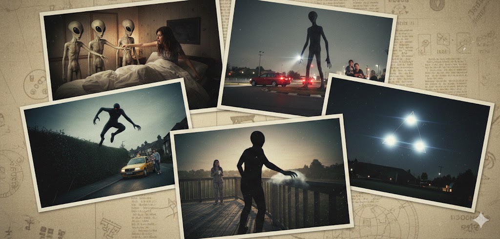 Collage of February 2012 UFO sightings including the Italy Giant, Tennessee Black Mass, and Spring Heeled Jack.