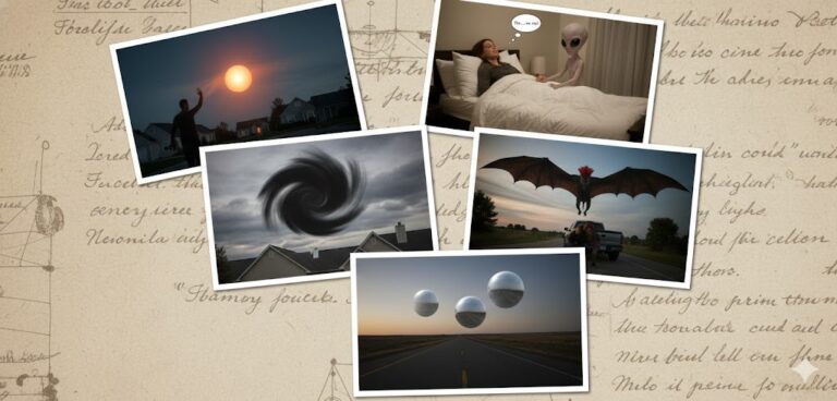 Collage of December 2016 UFO sightings including the California Gray alien, England interactive orb, and Alabama cryptid