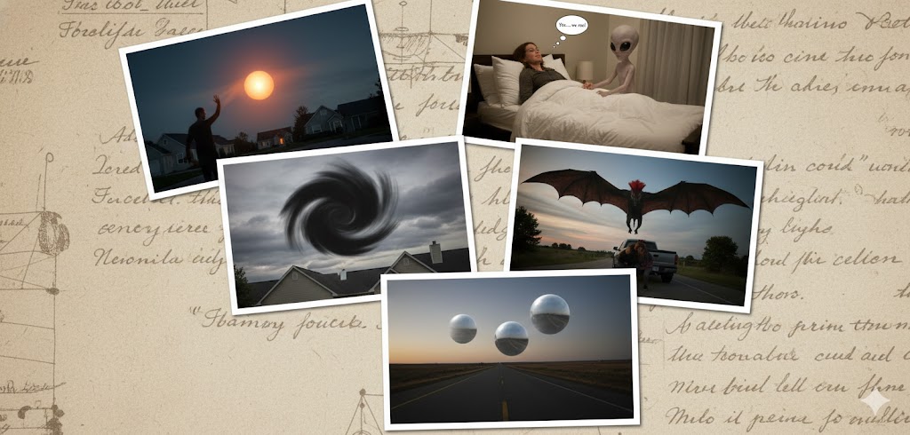 Collage of December 2016 UFO sightings including the California Gray alien, England interactive orb, and Alabama cryptid