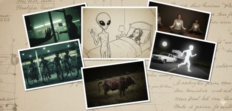 Collage of 2012 UFO sightings featuring the Birmingham Grey alien sketch, Louisiana Black Eyed Children at a gas station, and a 7-foot luminous entity in Argentina.