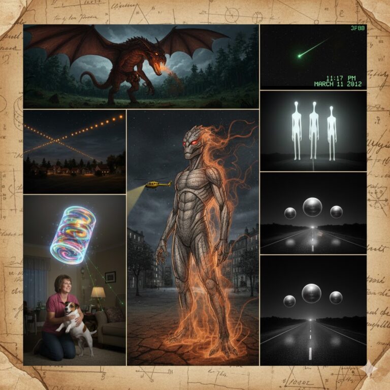 Collage of March 2012 UFO sightings including the Kendall Florida animal healing orb, the Fayette County PA dragon cryptid, and the Rome Italy reptilian encounter.