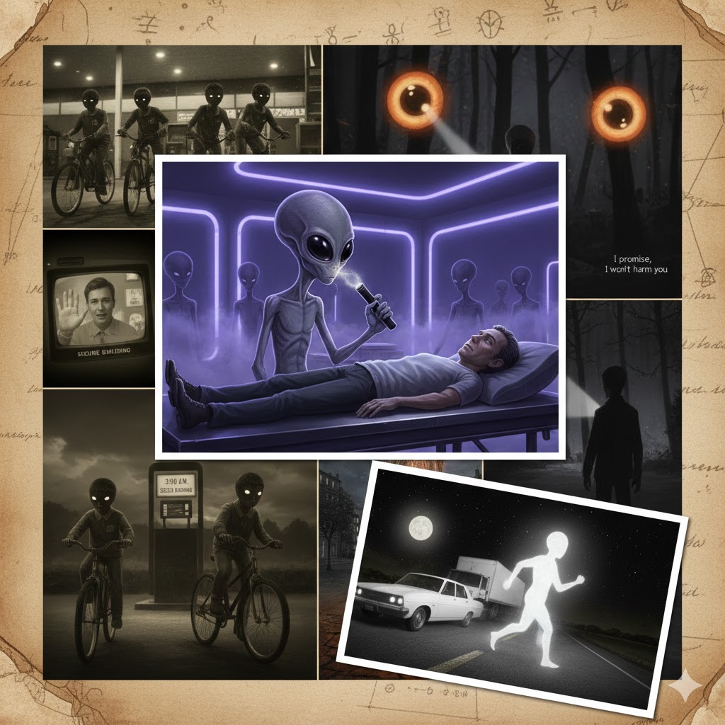 Collage of 2010 UFO encounters featuring an 8-foot Grey alien medical abduction in Maine, mysterious floating eyes in Ohio, and a Black Eyed Children sighting.