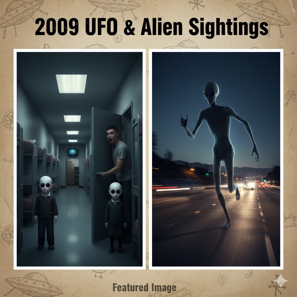 Collage of 2009 alien sightings: Black Eyed Children at a North Carolina Marine barracks and a 13-foot tall transparent entity on the 210 Freeway in California.
