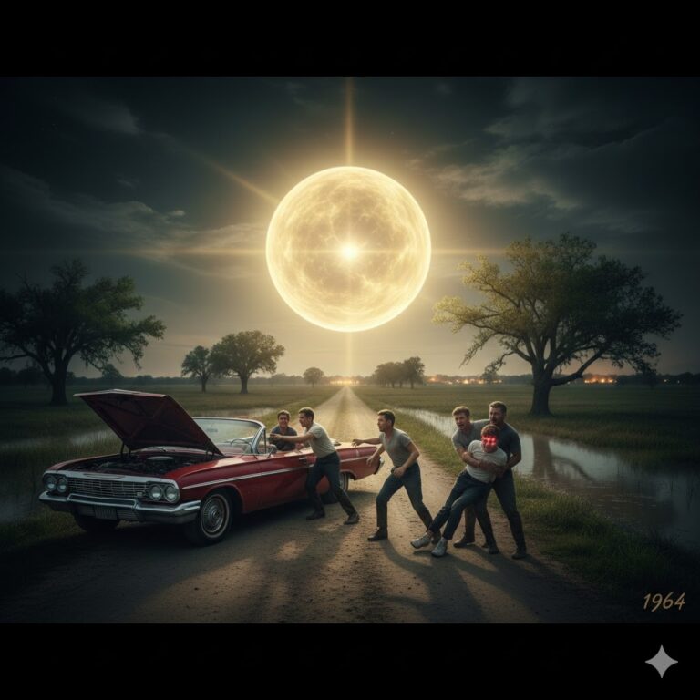 Large glowing golden orb of light appearing over a dirt road in Senath Missouri bootheel 1964