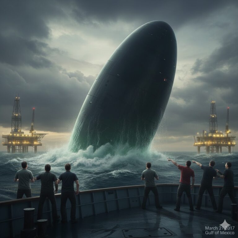 Massive dark oval craft rising silently from the Gulf of Mexico near oil rigs March 2017