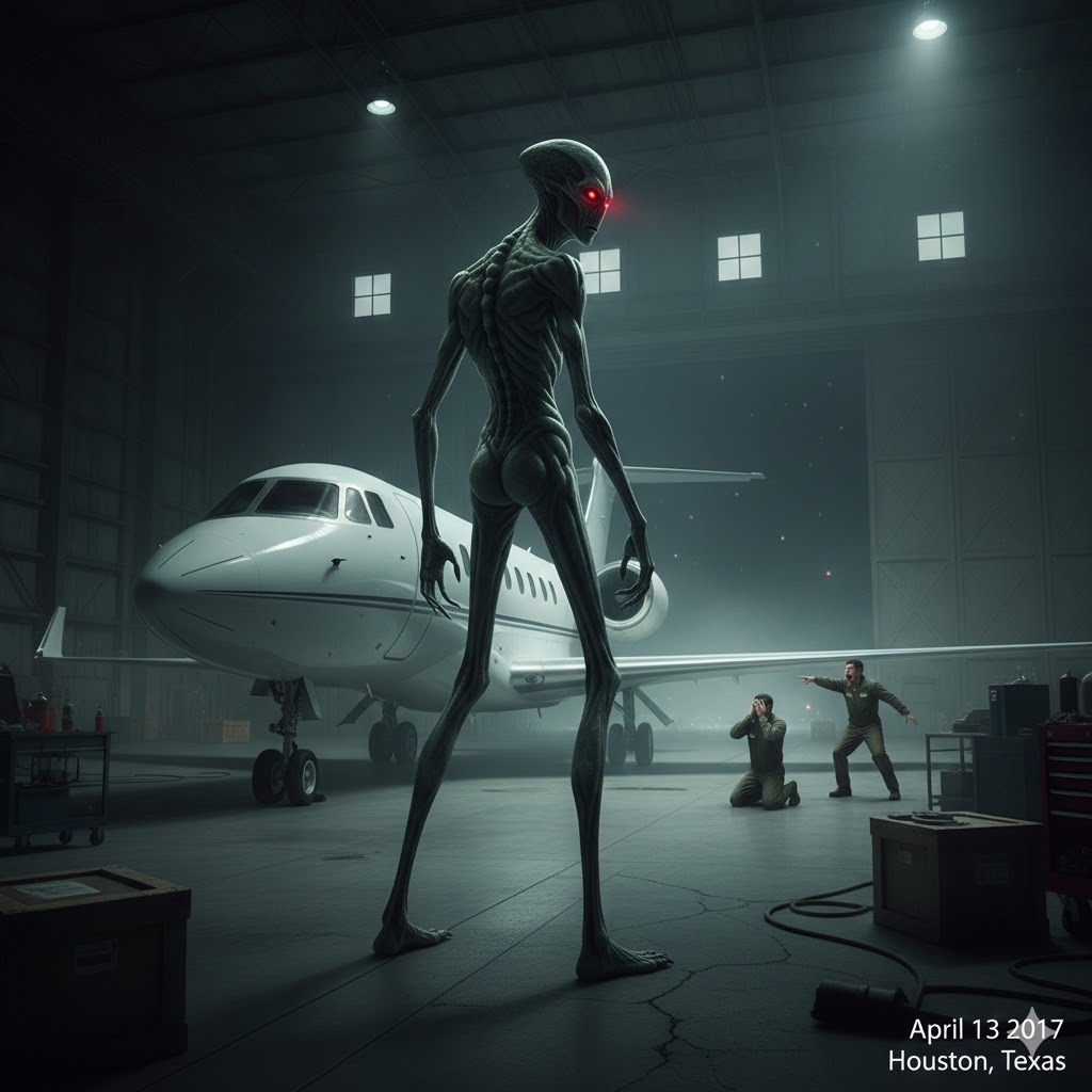 10-foot tall grayish-green humanoid with glowing red eyes standing in an aircraft hangar in Houston Texas April 2017