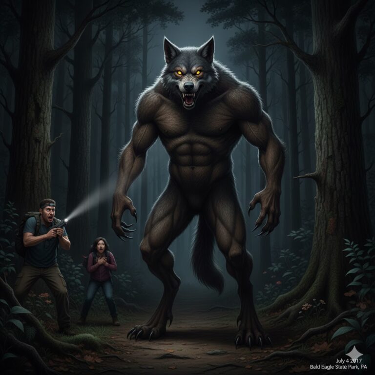 Large upright wolf-headed being with muscular human-like hands and glowing yellow eyes in Bald Eagle State Park Pennsylvania July 2017