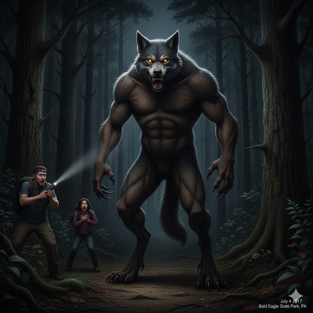 Large upright wolf-headed being with muscular human-like hands and glowing yellow eyes in Bald Eagle State Park Pennsylvania July 2017