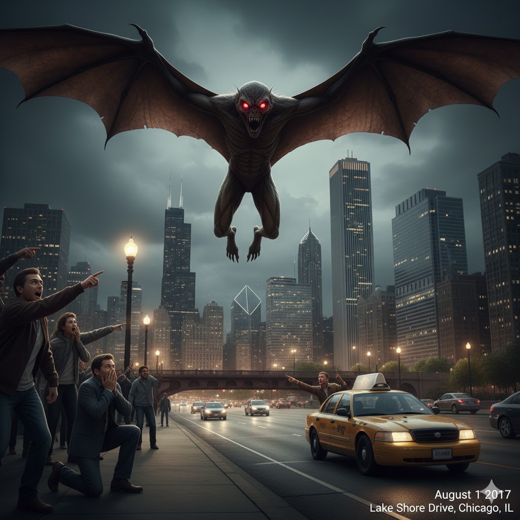Large winged humanoid with glowing red eyes hovering over Lake Shore Drive Chicago August 2017