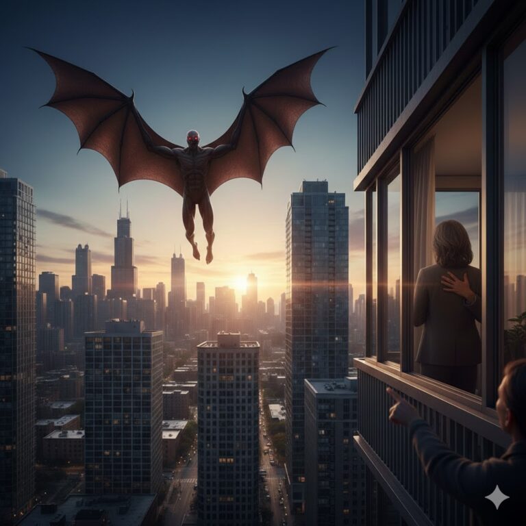 Huge bat-like flying humanoid with 12-foot wingspan circling high-rise buildings in Kenwood Chicago September 2017