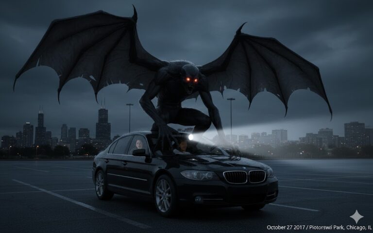 Large black winged bat-like entity with orange eyes on car hood in Chicago Piotrowski Park October 2017
