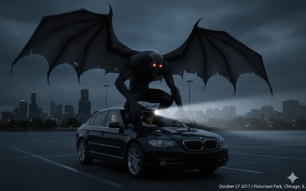 Large black winged bat-like entity with orange eyes on car hood in Chicago Piotrowski Park October 2017