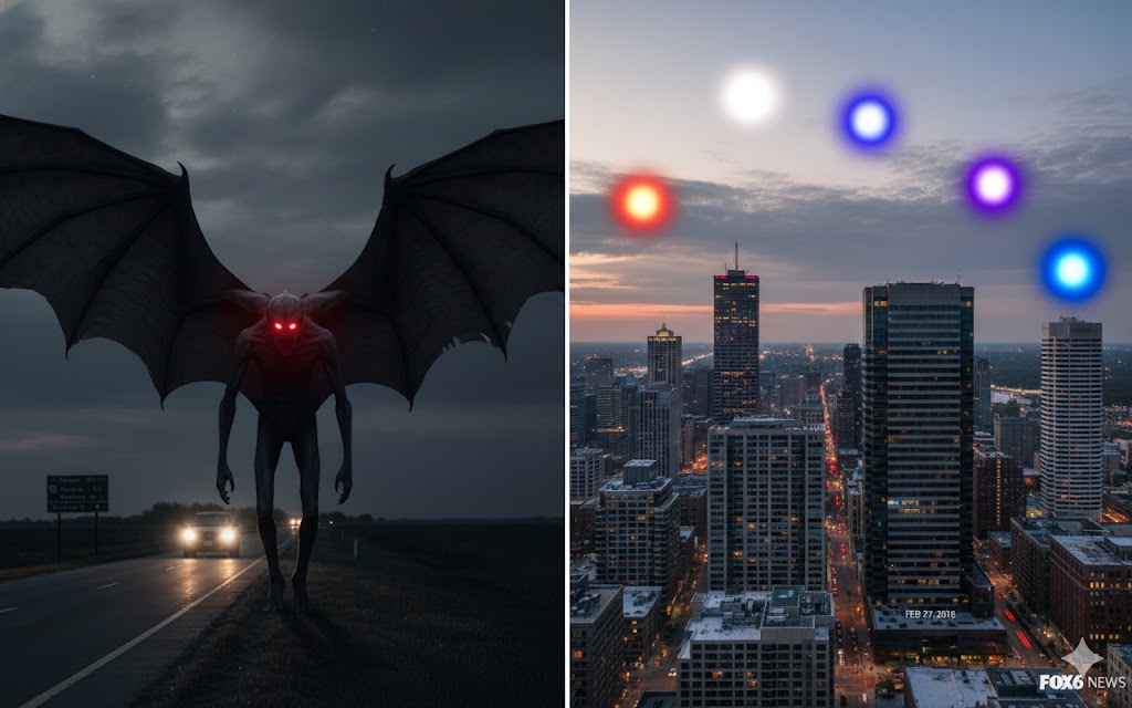Winged humanoid encounter and Milwaukee tower-cam UFO lights, February 2018