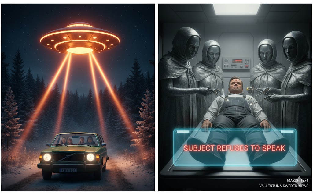 1974 Vallentuna Sweden UFO wave Andersson family car chase and transparent hooded entities