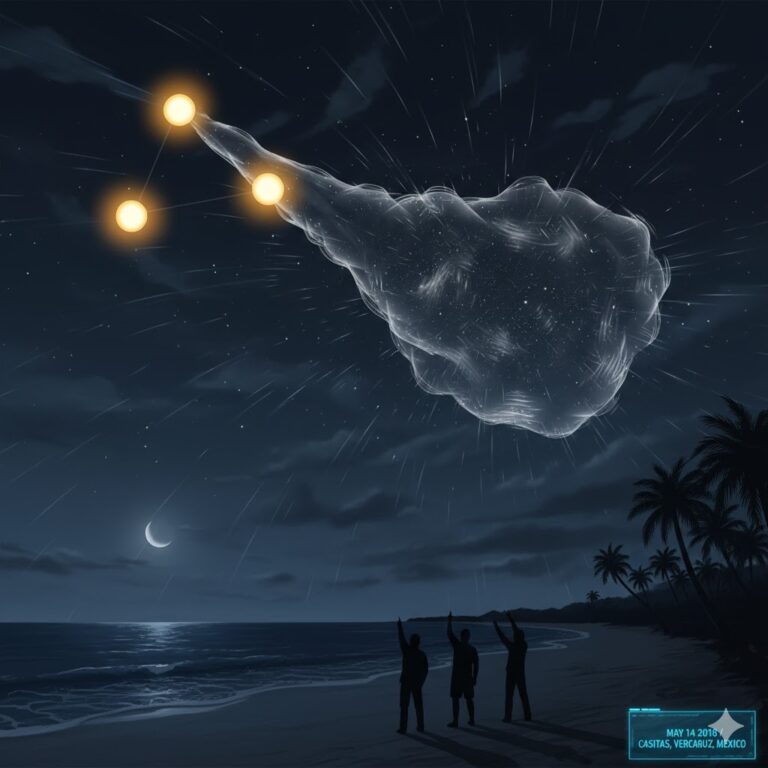 Transparent distorted UFO mass with three yellow lights over Casitas Veracruz Mexico beach 2018