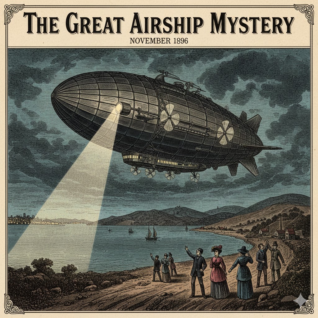 A vintage-style illustration of the Great Airship Mystery of 1896, featuring a large, metallic, cigar-shaped craft with a searchlight hovering over the San Francisco coast while residents watch from the shore