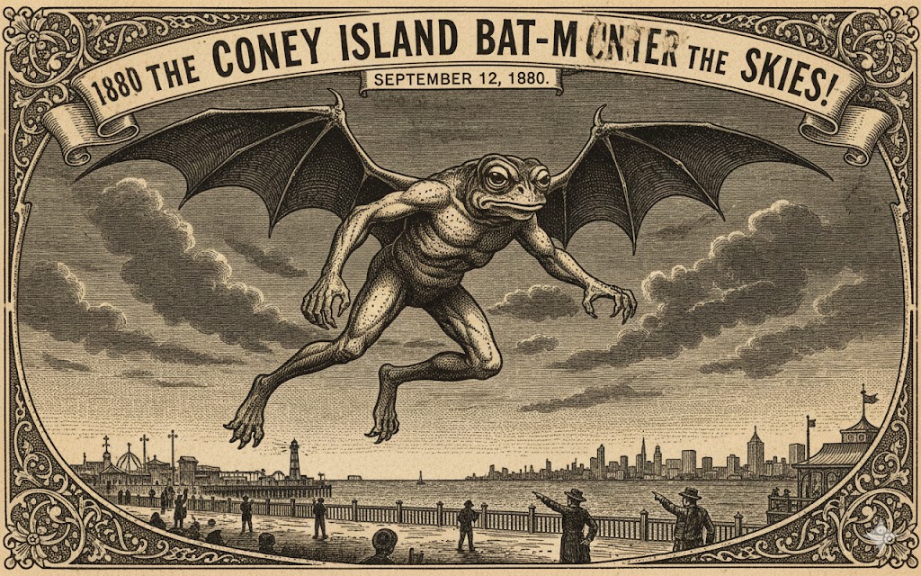 Vintage-style pulp illustration of the 1880 Coney Island "Bat-Man" sighting, showing a frog-like humanoid with large bat wings flying over the shoreline while witnesses point from the boardwalk.