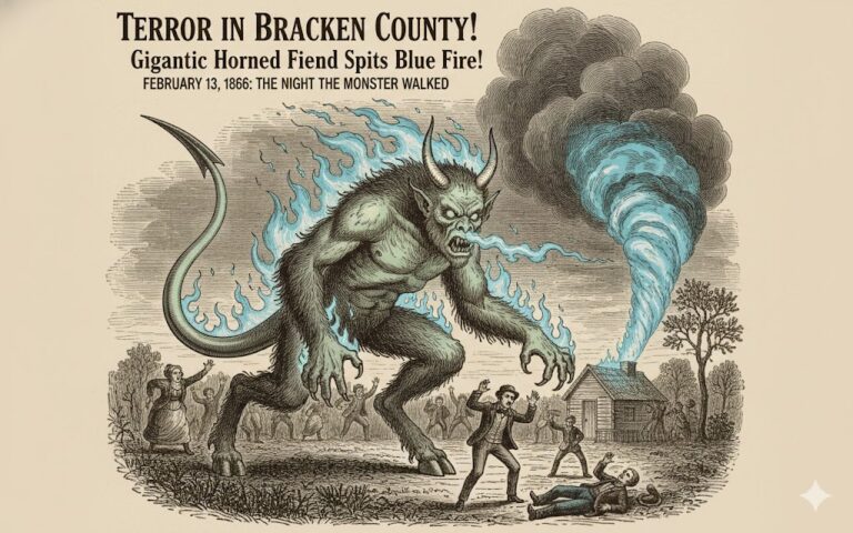 A vintage-style illustration of the February 13, 1866, Bracken County "monster" sighting, showing a gigantic horned humanoid with glowing eyes breathing blue fire over terrified witnesses.