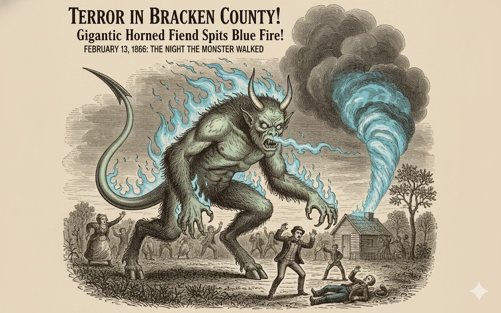 A vintage-style illustration of the February 13, 1866, Bracken County "monster" sighting, showing a gigantic horned humanoid with glowing eyes breathing blue fire over terrified witnesses.