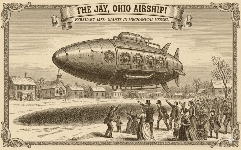 A vintage-style illustration of the 1858 Jay, Ohio airship sighting, showing a large mechanical vessel hovering over a town with 12-foot-tall humanoids visible on board.