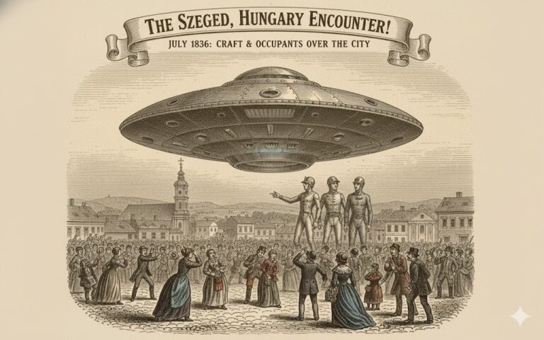 A vintage-style illustration of the July 1836 Szeged, Hungary UFO sighting, showing a large metallic disc-shaped craft and its occupants hovering over a crowded city square.