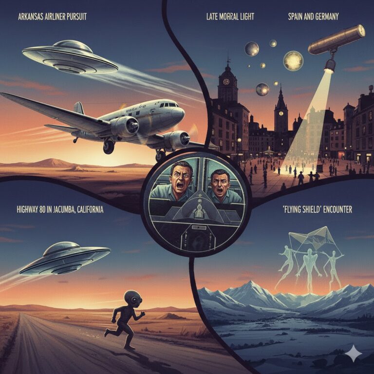 A montage of 1950s UFO sightings including silver discs over New Mexico, cigar-shaped crafts in Idaho, and nocturnal lights in Spain.