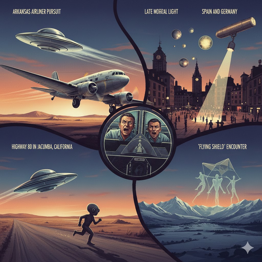 A montage of 1950s UFO sightings including silver discs over New Mexico, cigar-shaped crafts in Idaho, and nocturnal lights in Spain.