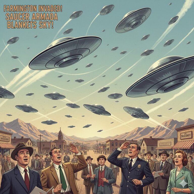 A vintage-style illustration of the Farmington Armada in March 1950, showing hundreds of silver saucer-shaped UFOs blanketing the sky over Farmington, New Mexico.