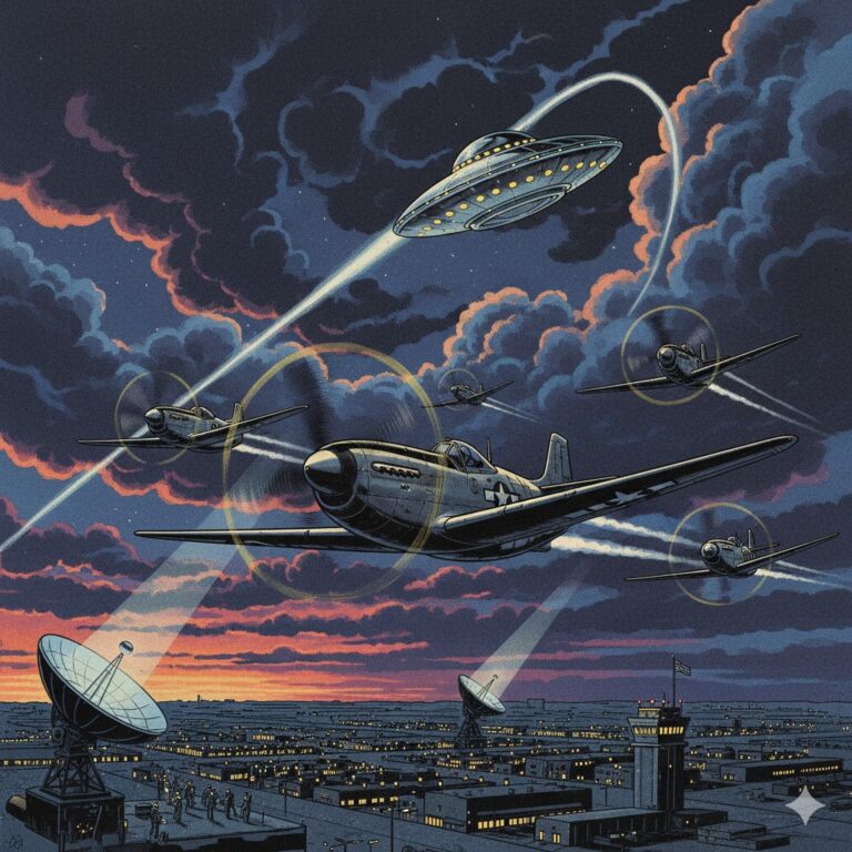 Illustration of the March 8, 1950, UFO pursuit over Wright-Patterson AFB, featuring F-51 Mustangs intercepting a metallic disc above a radar station.