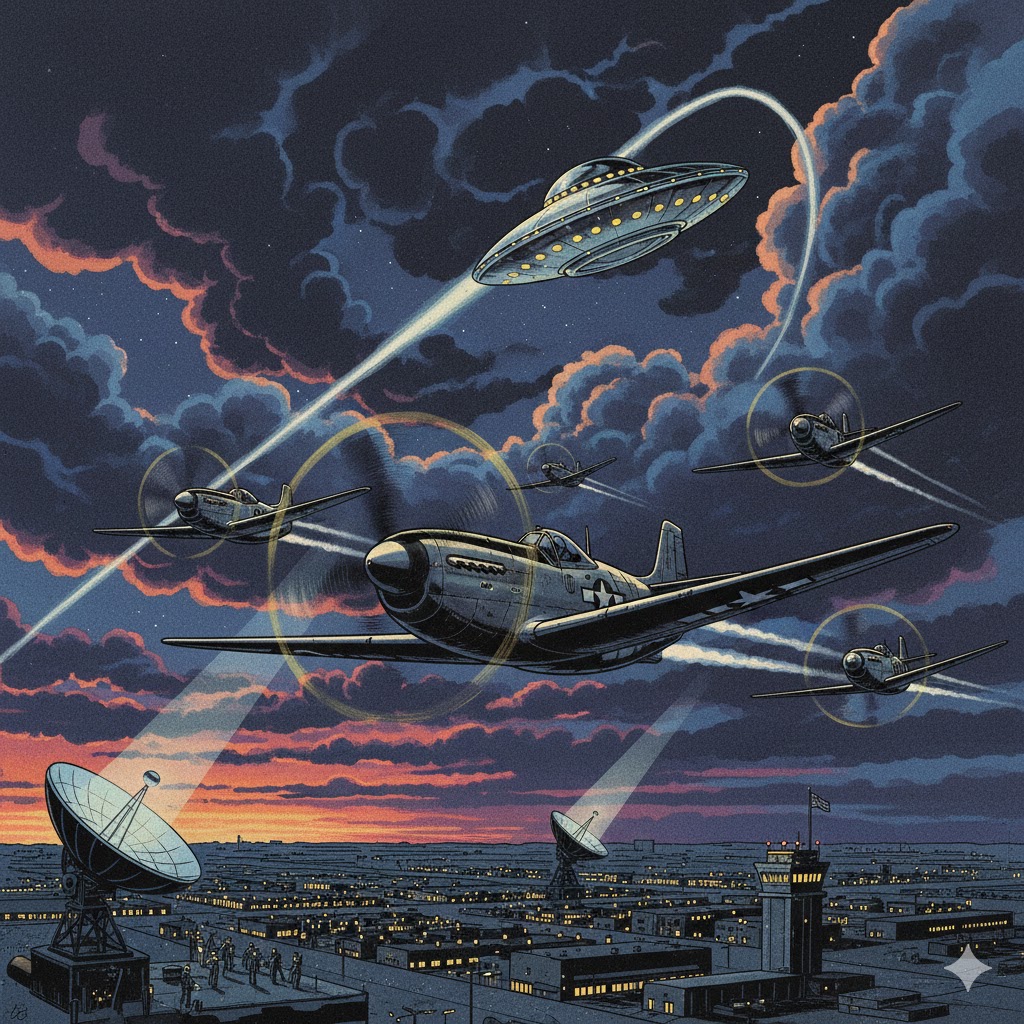 Illustration of the March 8, 1950, UFO pursuit over Wright-Patterson AFB, featuring F-51 Mustangs intercepting a metallic disc above a radar station.