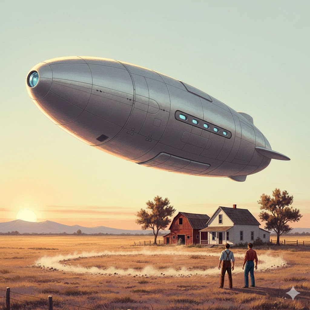 Illustration of a greyish-white cigar-shaped UFO, as big as a boxcar, hovering over a rural ranch in Blackfoot, Idaho, 1957.