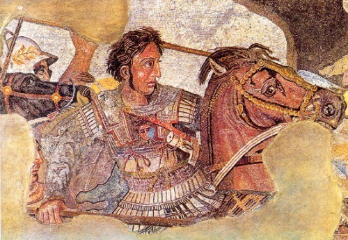 Illustration of Alexander the Great witnessing flying shields UFO encounter in 329 BC.