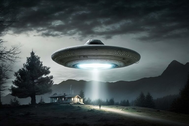 Illustration of a classic flying saucer hovering over a rural landscape, representing 1940s UFO sightings
