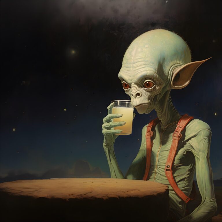 ai generated, alien, extraterrestrial, space, universe, moon, planet, beer, beverage, drink, alcohol, thoughtful, thinking, ufo, flying saucer, cosmos-8171116.jpg
