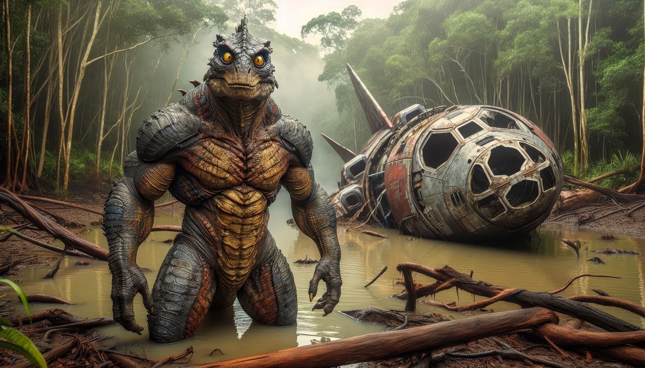 ai generated, alien, ufo, space, fantasy, sci-fi, monster, spaceship, extraterrestrial, futuristic, crash, swamp-9436141.jpg