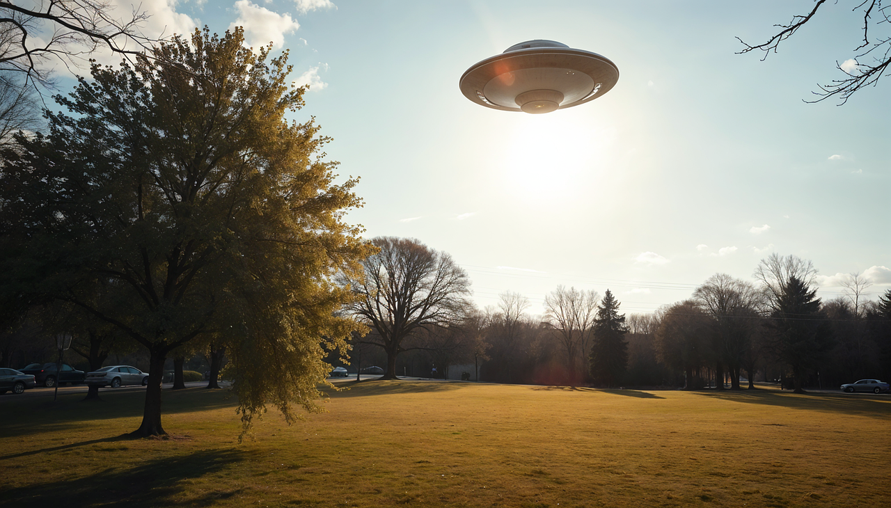 ai generated, flying saucer, ufo, alien, park, autumn, tree, outdoors, nature-9056194.jpg