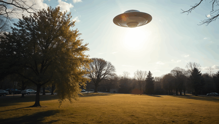 ai generated, flying saucer, ufo, alien, park, autumn, tree, outdoors, nature-9056194.jpg