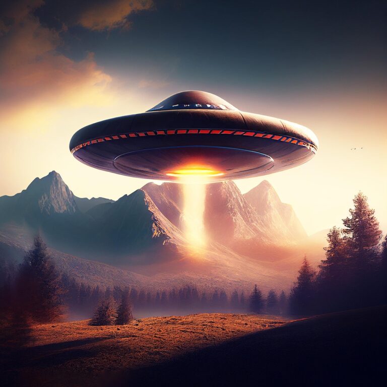 "Digital illustration of a vintage-style metallic UFO hovering over a planet, representing 19th-century sightings.