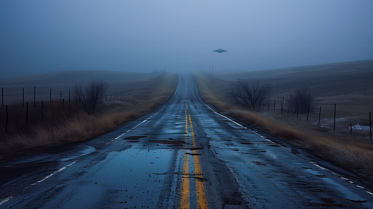 ai generated, ufo, flying saucer, spaceship, alien, space, extraterrestrial, spacecraft, sci-fi, science fiction, abduction, night, universe, sighting, highway, rural, countryside-8992236.jpg