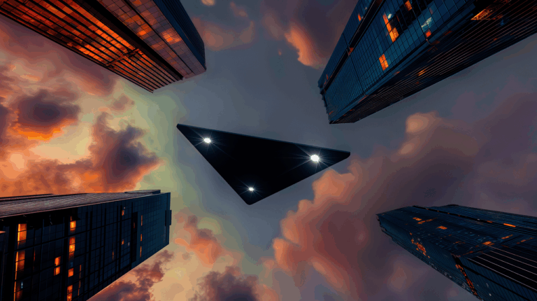 AI-generated digital illustration of a triangular UFO spacecraft hovering in a dark sky, representing Australian UAP sightings.