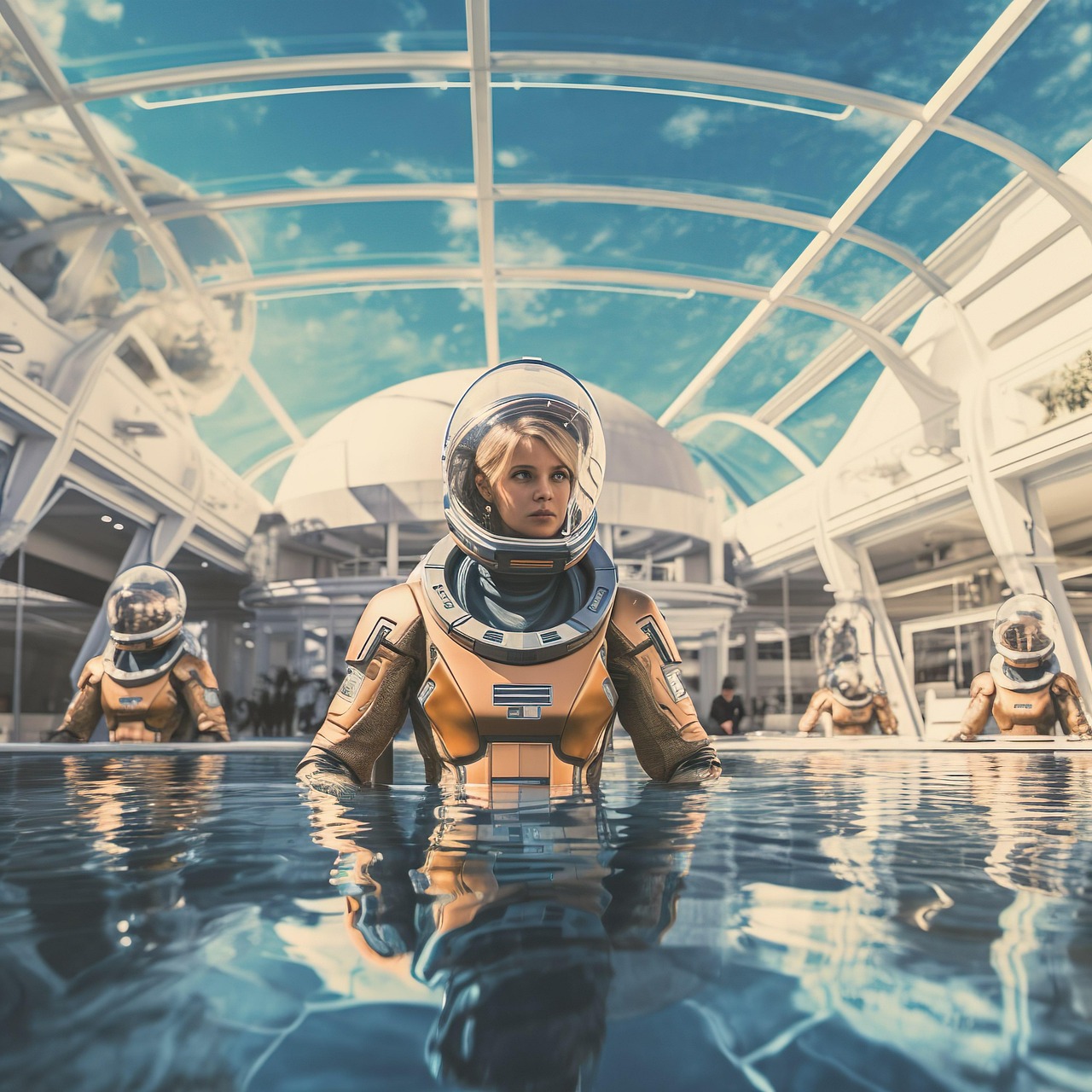 ai generated, woman, astronaut, space station, space, spaceship, spacesuit, pool, training, blond, female-8020874.jpg
