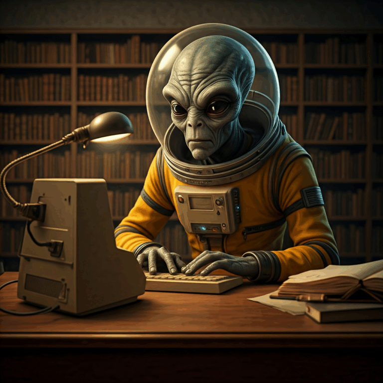 alien, ufo, computer, space, sci-fi, fantasy, extraterrestrial, creature, desk, book, library, ai generated-9356756.jpg