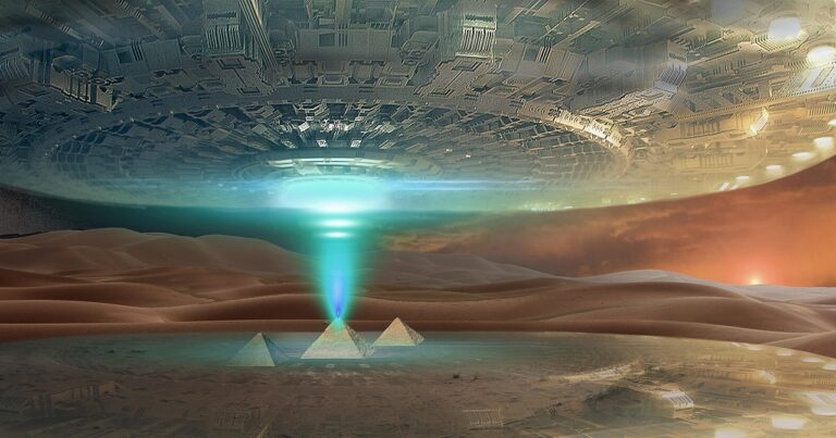 egypt, pyramids, sunset, landscape, dunes, sand, ufo, spaceship, futuristic, future, extraterrestrial, fractal, sci-fi, nature, aliens-7084032.jpg